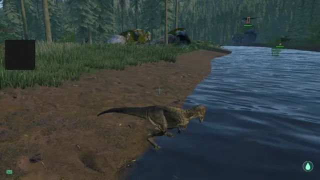 The Isle Evrima riverbank scene with in-game overlay cues on a Carnotaurus near the water